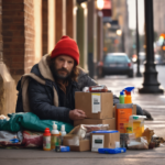 Homeless person holding a Warm Winter Kit